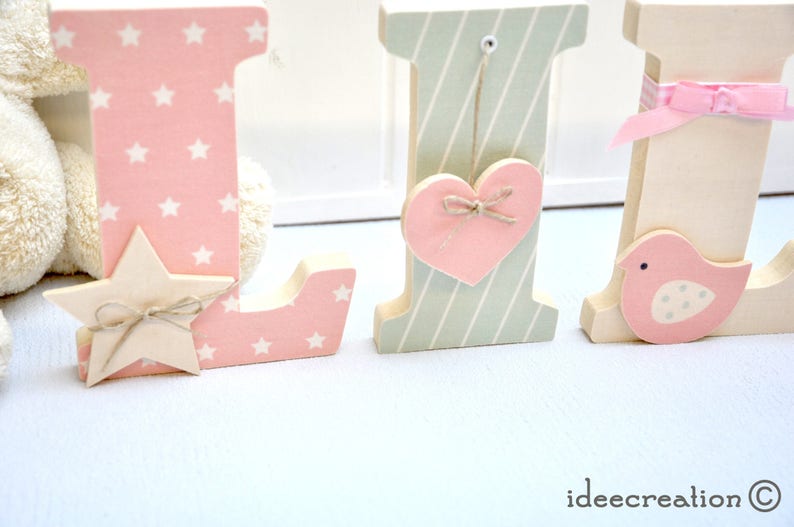 Letters to pose, wooden first name letters personalized with the child's first name, pink, beige and light green model image 5