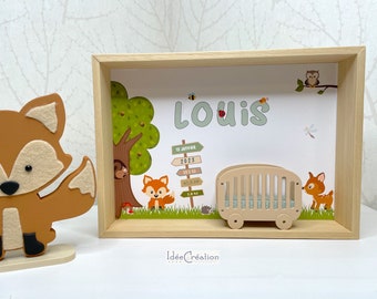 First name frame, Customizable baby birth frame, Miniature showcase personalized with the child's name, Forest model