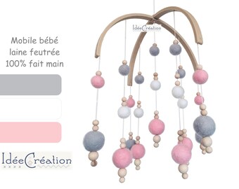 Baby mobile felted wool balls entirely handmade, model: pink, white and gray, decoration for children's room