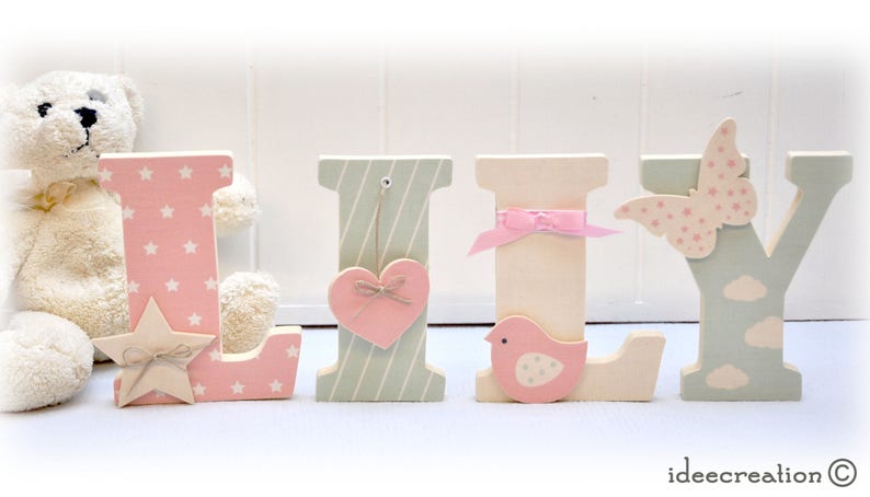 Letters to pose, wooden first name letters personalized with the child's first name, pink, beige and light green model image 2