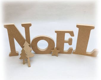 Lot de 4 lettres à poser "NOEL" en bois brut à peindre et décorer + 2 sapins + 1 etoile