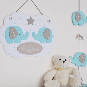 First name frame garland, personalized frame, wooden mint green elephant decoration for children's room image 1