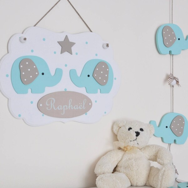 Cadre prénom + guirlande, cadre personnalisé, déco éléphants vert menthe en bois pour chambre d'enfant