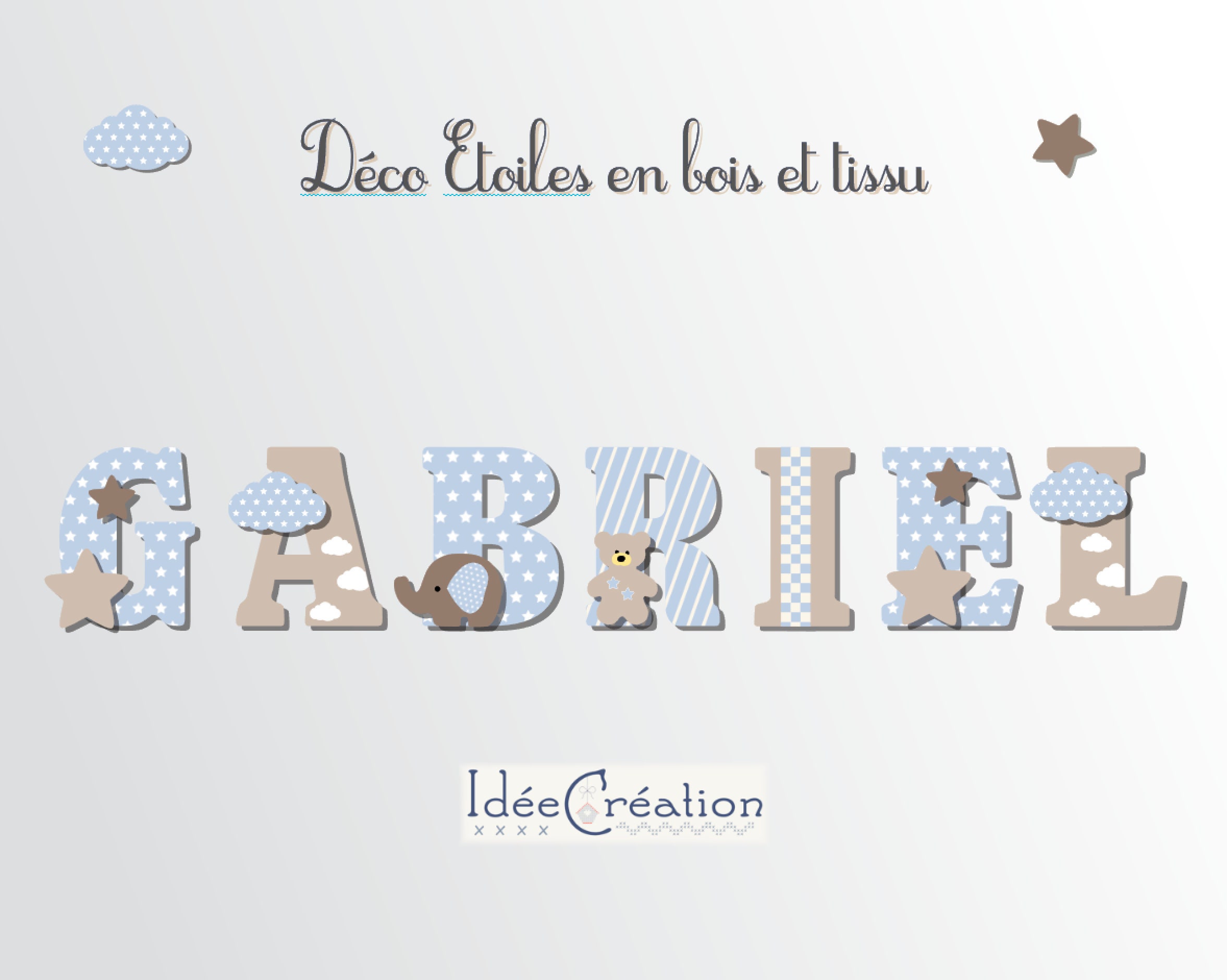 Lettres à Poser, Lettres Prénom en Bois et Tissu Imprimé, Pour Chambre Enfant Motifs Bleu Ciel Taupe