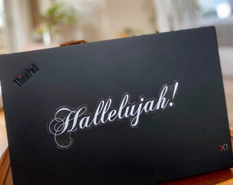 Hallelujah! die cut clear sticker with light gray lettering, JW sticker