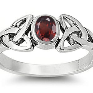 Sterling Silver 7x5mm Oval Genuine Garnet Celtic Trinity Ring (R300-G)