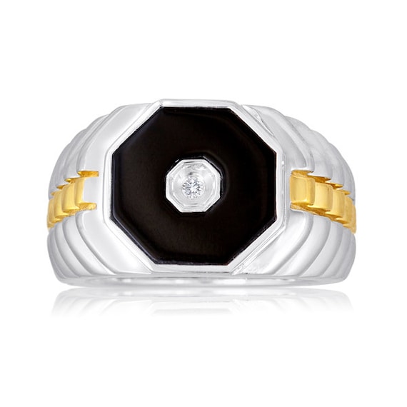 Men's Octagon Shaped Black Onyx Ring With Center Diamond In Two Tone  Sterling Silver EMR14