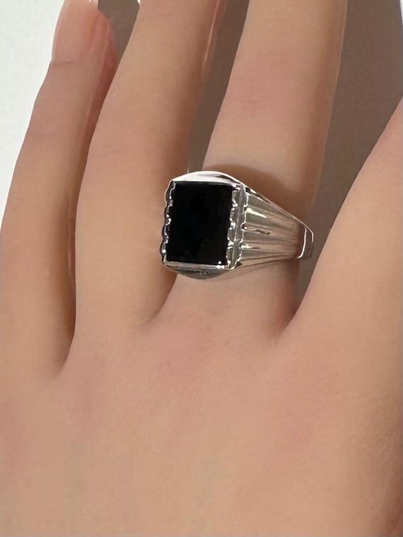 Sterling Silver 12x10mm Rectangle Genuine Black Onyx Mens Ring