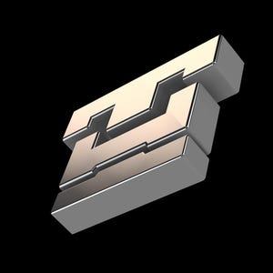Puede incluir: Representación 3D de un logotipo metálico con diseño geométrico. El logotipo presenta formas rectangulares entrelazadas en tonos plateados y dorados, sobre un fondo negro. Diseño moderno e industrial.