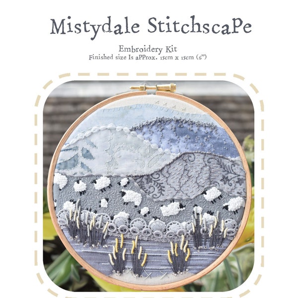 Kit de broderie Stitchscape Mistydale - Kit de broderie pour débutant - Art moderne dans le cercle - Image de mouton - Collage de tissu - Broderie à la main DIY