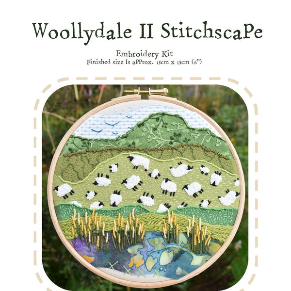 Kit de broderie Stitchscape Woollydale II - Kit de broderie pour débutant - Art moderne dans le cercle - Image de mouton - Collage de tissu - Broderie à la main DIY