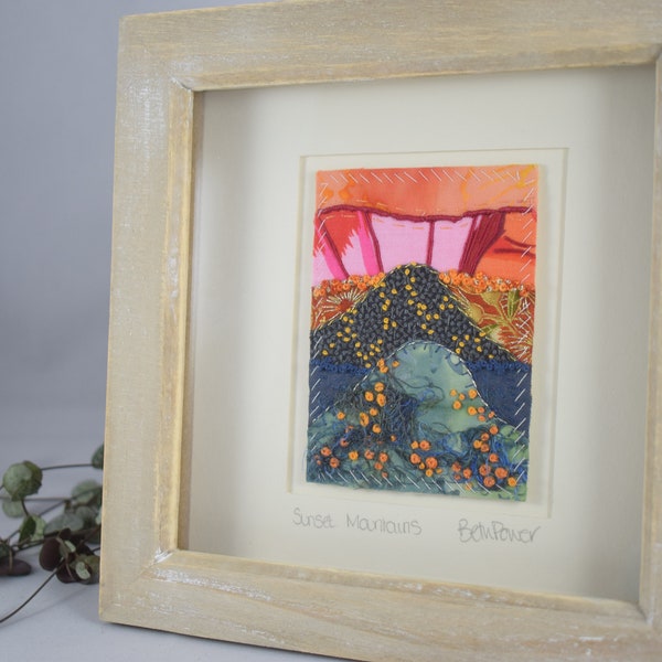 Sunset Mountains Framed Mini Stitchscape ATC- Hand Embroidery - Framed Art - Textile Collage - Layered Fabric Embroidery - Original