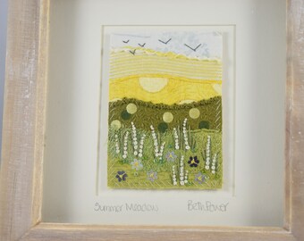 Summer Meadow Framed Mini Stitchscape ATC- Hand Embroidery - Framed Art - Textile Collage - Layered Fabric Embroidery - Original - Flowers