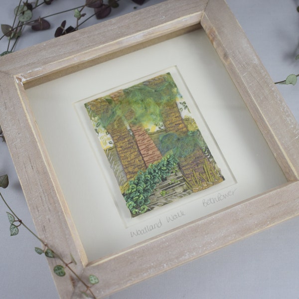 Woodland Walk Framed Mini Stitchscape ATC- Hand Embroidery - Framed Art - Textile Collage - Layered Fabric Embroidery - Original