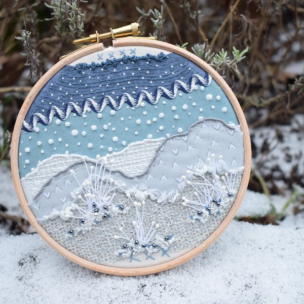 Snowfall Original In The Hoop Embroidery-Hand Stitched- Embroidered Art Piece- Hoop Framed- Textile Art- Fabric Picture- Landscape- Winter