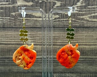 Textured Orange Pumpkin Polymer Clay Dangling Earrings with Leaf Accent | ready to ship gift for her, statement work earring, art earring