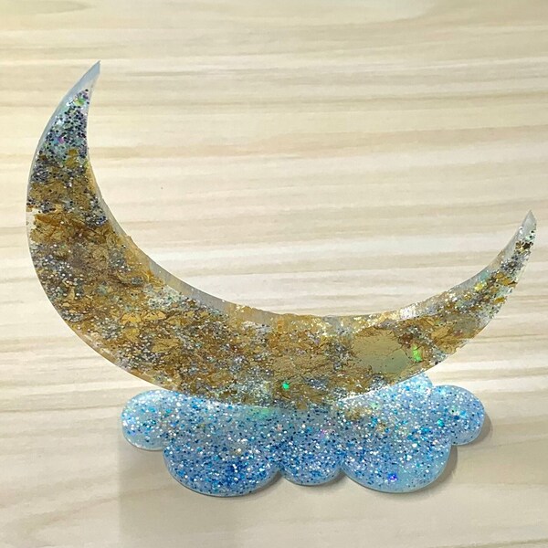 Gold Foil & Silver Glitter Crescent Moon Resin Ring Holder and Cloud Stand | bedroom décor for young girls, trendy ring stand, ring showcase