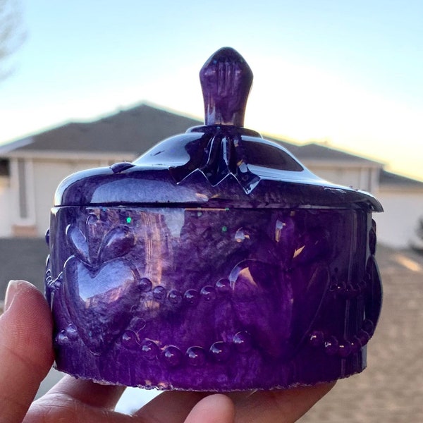 Royal Purple & Glitter Heart Medium Size Resin Storage Container | bathroom storage jar with lid, tea bag storage, office and desk storage