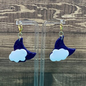 Purple Galaxy Moon Polymer Clay Dangling Earrings with Cloud Accent | ready to ship gift for her, fall art earring