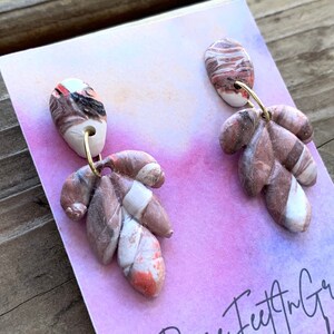 Pink Sand Marble Leaf Polymer Clay Dangling Earrings | ready to ship gift for her, boho earring, statement pink work earring, art earring