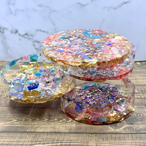 Round Pastel & Glitter Resin Swivel Jewelry Box with Lid | rotating box, bedroom container, catch all box, gift for her, earring box