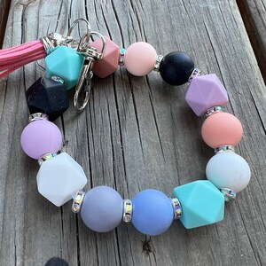 Pastel Silicone Bead Stretch Keychain Wristlet with Pink Tassel | teacher present idea, thinking of you handmade gift, student gift
