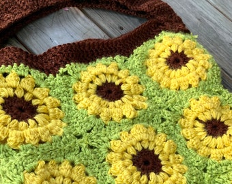 Lime Green, Yellow and Brown Sunflower Granny Square Crochet Bag | boho purse, market tote, novelty bag, hand crocheted purse, women's bag
