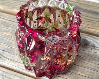 Large Red or Pink Rose, Fern & Gold Foil Resin Geometric Makeup Brush, Pen, Paint Brush, Knitting Hook Holder | XL makeup organizer