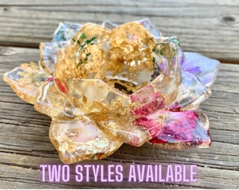 Lotus Flower Resin Floral Electric Candle Holder | zen tealight holder, wedding flower candleholder, foil & clear candle holder