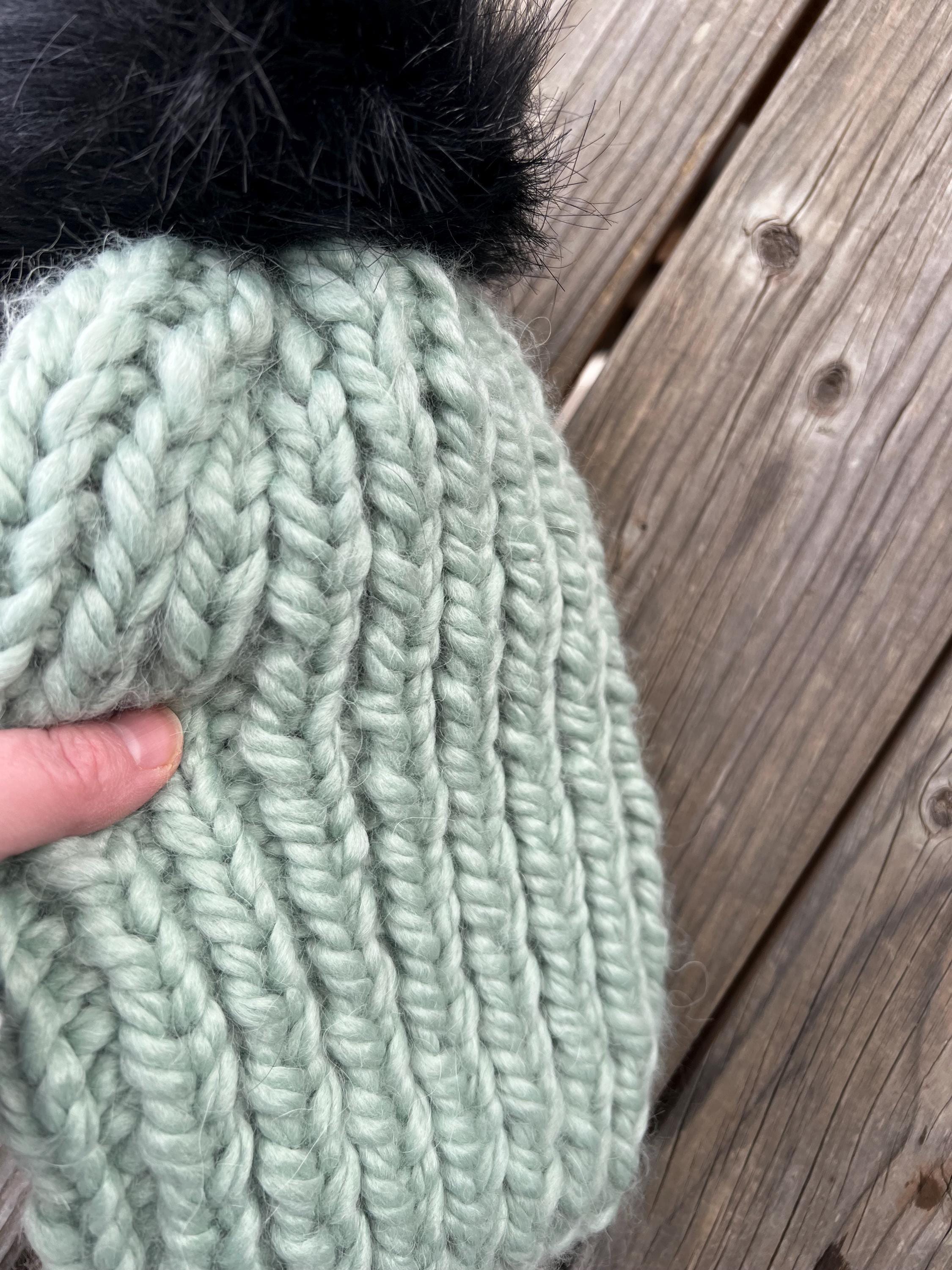 Hand Knit Adult Size Seafoam Green Alpaca Yarn Blend Beanie 