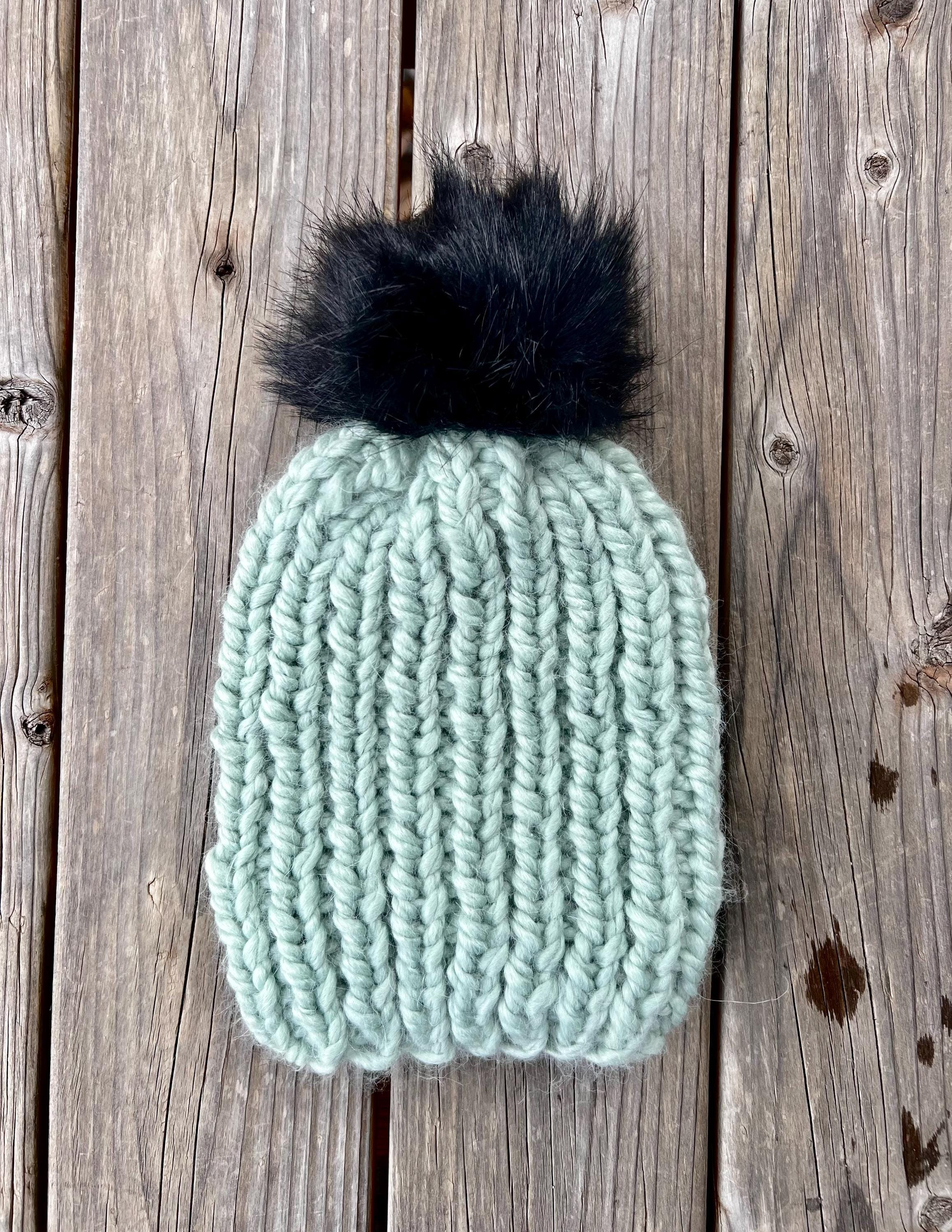 Hand Knit Adult Size Seafoam Green Alpaca Yarn Blend Beanie 