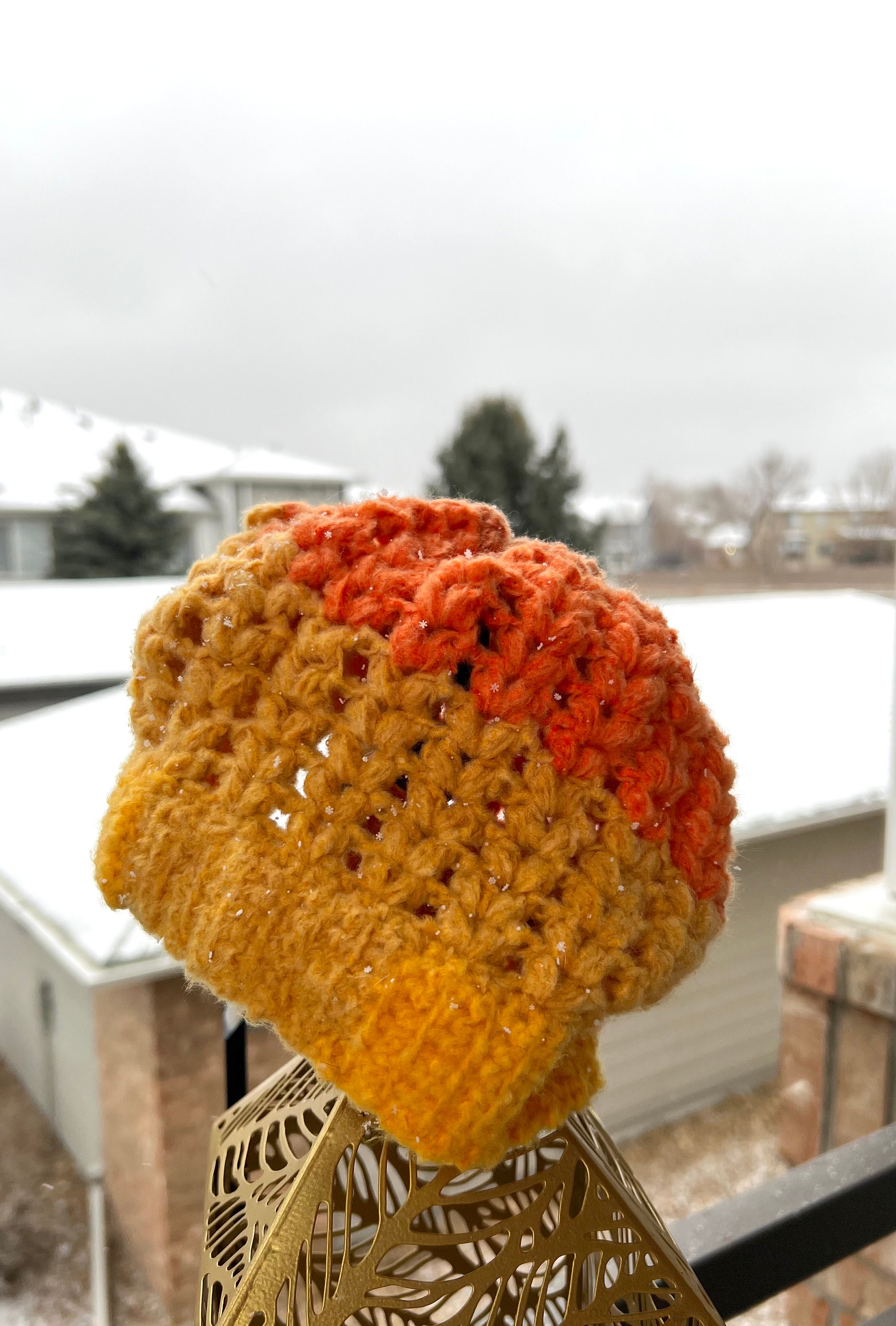 Handmade Crochet Beanie Orange Yellow Gradient Pom Pom Cable Knit Winter Hat NEW Free Beginner Patons Crochet Hat With Pompom Pattern  main image 3