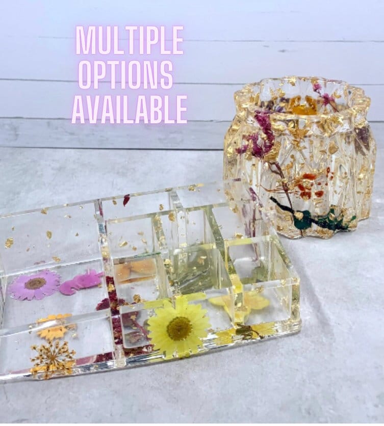 Pressed Flower & Fern Resin Makeup Organizer Set with Choice of Jar Size and Foil | tight space storage, vanity caddy, office organization