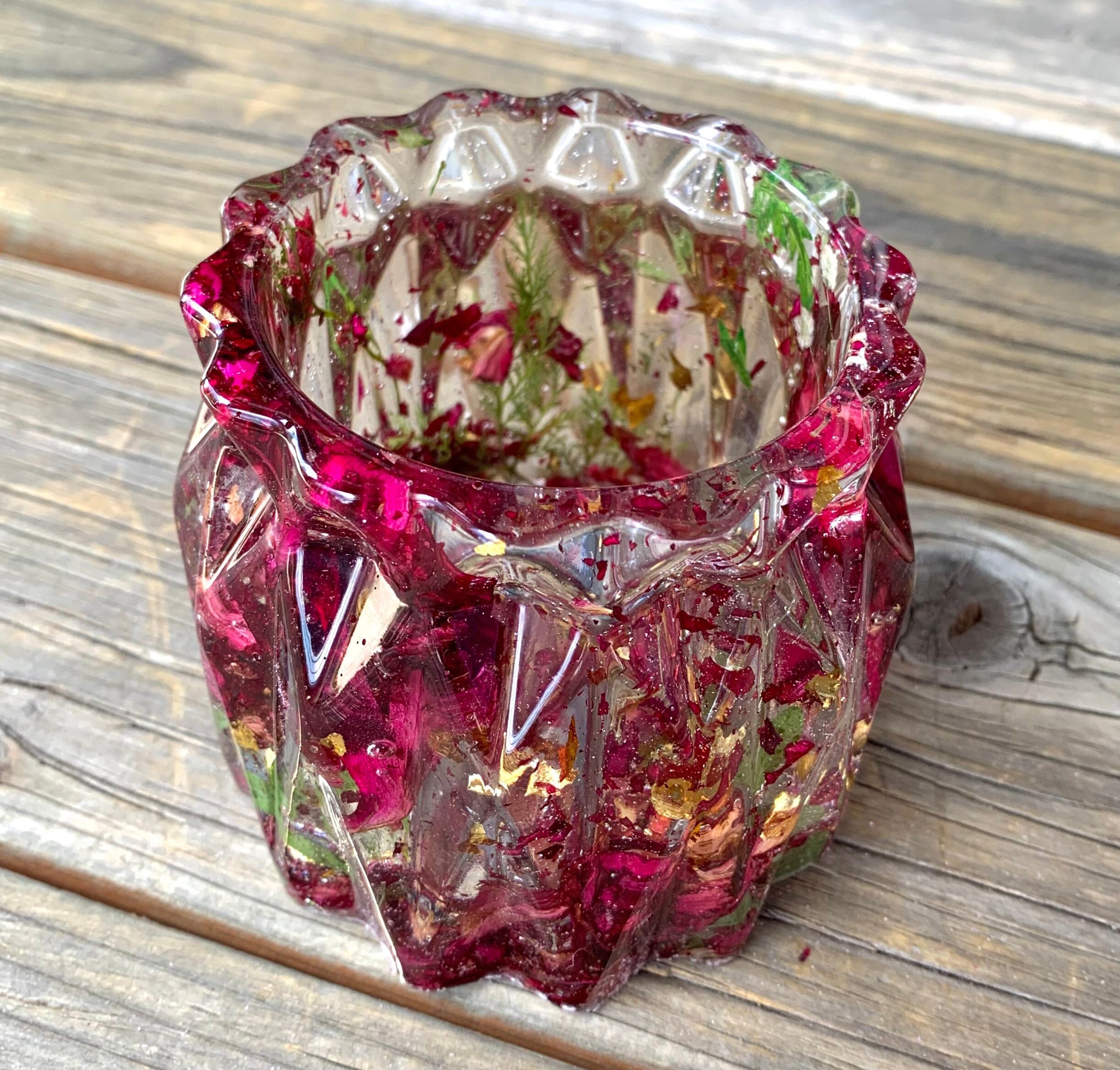 Large Red or Pink Rose, Fern & Gold Foil Resin Geometric Makeup…