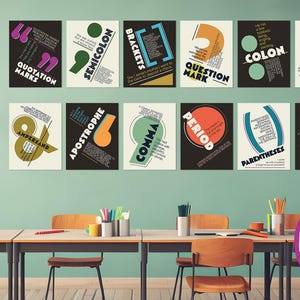 Può includere: Un'aula con poster raffiguranti segni di punteggiatura: virgolette, punto e virgola, parentesi quadre, punto interrogativo, due punti, punto esclamativo, puntini di sospensione, e commerciale, apostrofo, virgola, punto, parentesi, trattino e em dash. I poster hanno un design retrò.