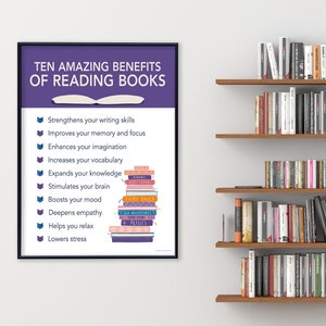 May include: A purple poster with the title "Ten Amazing Benefits of Reading Books" and a list of benefits including "Strengthens your writing skills", "Improves your memory and focus", "Enhances your imagination", "Increases your vocabulary", "Expands your knowledge", "Stimulates your brain", "Boosts your mood", "Deepens empathy", "Helps you relax", and "Lowers stress".