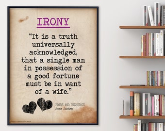 Pride and Prejudice Irony Quote, Educational Art Print featuring Jane Austen. Vintage Style Literary Term Poster. Multiple Sizes Available.