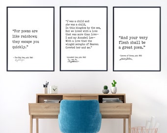 Poetic Literary Signature Quote Print Set. Langston Hughes, Edgar Allan Poe, and Walt Whitman. Fine Art Paper, Laminated or Framed.