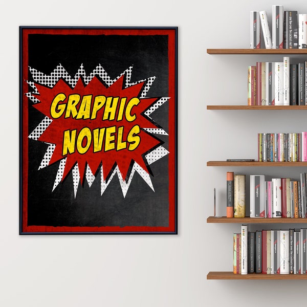 Graphic Novels Library Print. Choose Fine Art Paper, Laminated, or Framed. Multiple Sizes Available