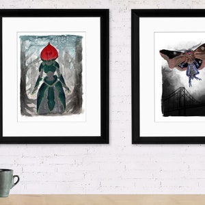 Mothman and the Flatwoods Monster Art Print Set. West Virginia Folk Art. Available Fine Art Paper, Laminated, or Framed. Multiple Sizes.
