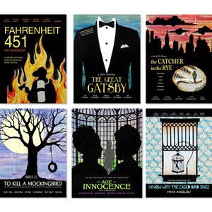 Classic Novels - Movie Style Poster Set of Six. Literary Set. Fine Art Paper, Laminated, or Framed. Multiple Sizes Available