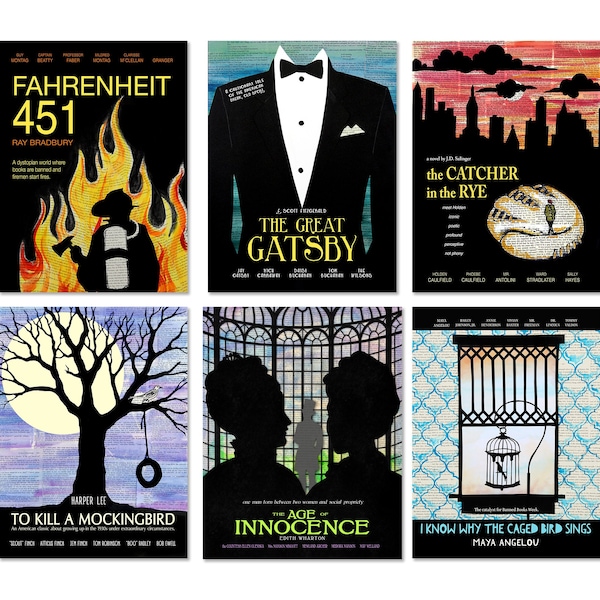 Classic Novels - Movie Style Poster Set of Six. Literary Set. Fine Art Paper, Laminated, or Framed. Multiple Sizes Available