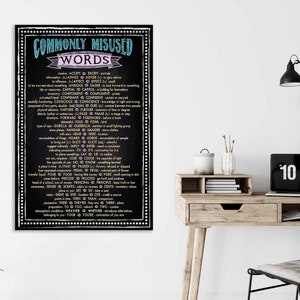 Commonly Misused Words Extra-Large Chalk Board Style Grammar Art Print. Classroom, Library or Office Poster. Multiple Sizes Available. image 1