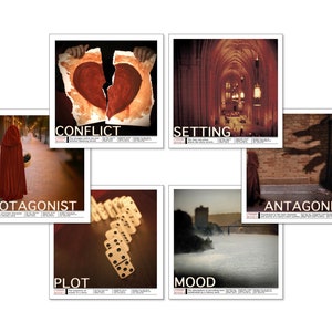 May include: A set of 10 colorful posters with literary devices illustrated with images. The posters include the terms: Conflict, Setting, Protagonist, Antagonist, Plot, Mood.