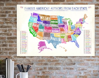 Famous American Authors From Each State Water Color Literary Art Print. Classroom, Library or Office US Map Poster. Multiple Sizes