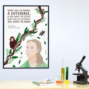 Jane Goodall Mujeres en la ciencia STEM/STEAM Impresión de arte. Papel Mate, Laminado o Enmarcado. Múltiples tamaños