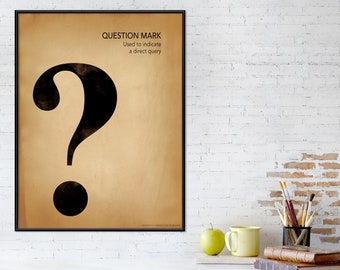 May include: A black and white poster with a large question mark on a brown background. The text "QUESTION MARK" and "Used to indicate a direct query" is at the top of the poster.