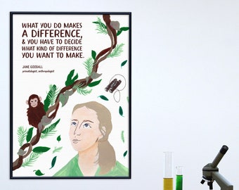 Jane Goodall Women in Science STEM Art Print. Matte Paper, Laminated or Framed. Multiple Sizes