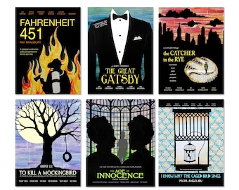Classic Novels - Movie Style Poster Set of Six. Literary Set. Fine Art Paper, Laminated, or Framed. Multiple Sizes Available