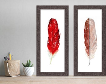 Male and Female Cardinal Feather Watercolor Set. West Virginia State Bird. Fine Art Paper, Canvas or Framed.